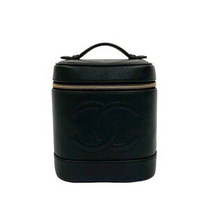 CHANEL Black Caviar Leather Logo Vanity Bag